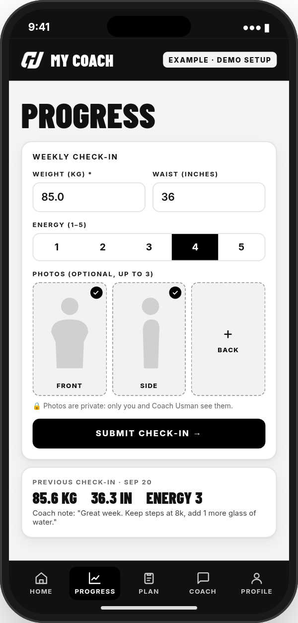My Coach demo — Progress: weekly check-in