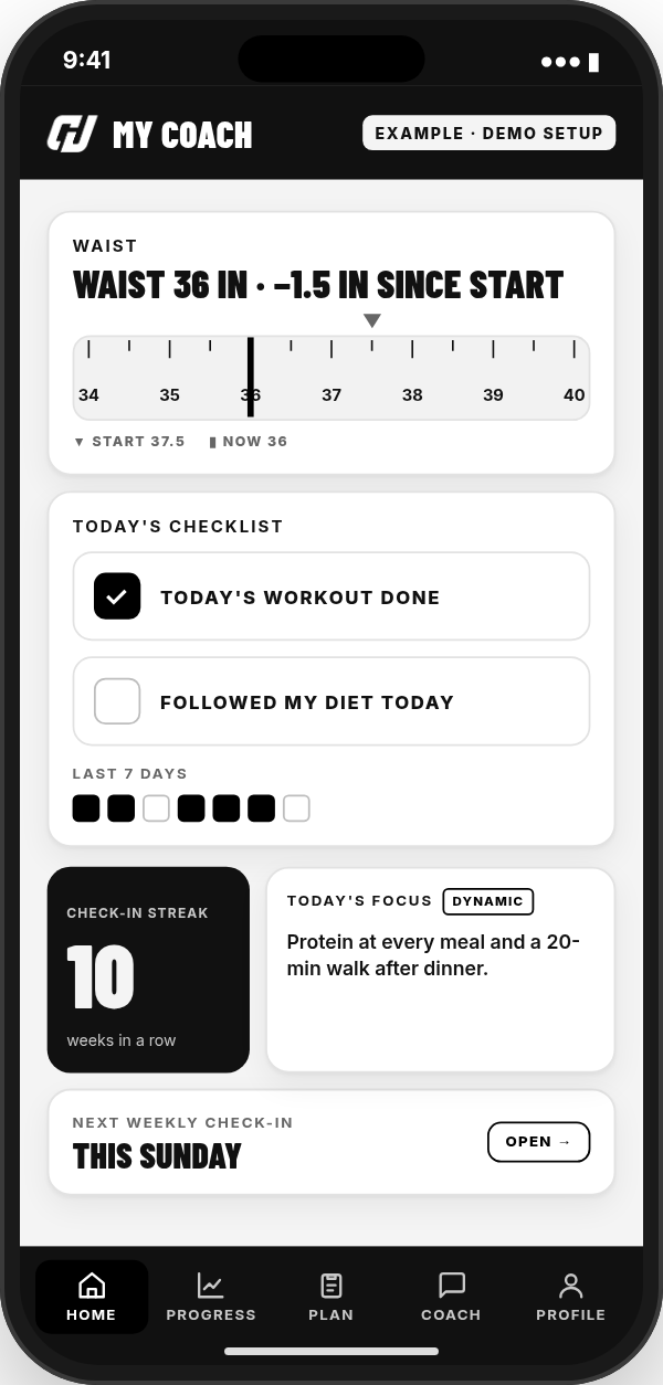 My Coach demo — Home screen: waist and daily checklist